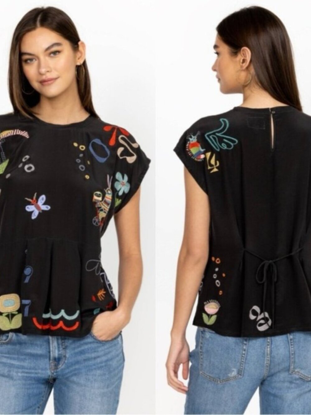 Johnny Was Charming Whimsical Biya Embroidered Silk Top